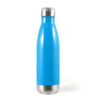 Blue stainless steel water bottle with a silver cap and base, standing upright on a plain white background.