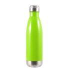 A bright green stainless steel water bottle with a silver cap and base, shown standing upright against a plain white background.