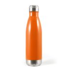A sleek, orange stainless steel water bottle with a shiny silver screw-on cap, standing upright against a white background.