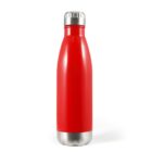 A red stainless steel water bottle with a silver cap stands upright on a white background. The bottle has a smooth, polished surface and a slightly tapered shape towards the top.
