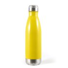 A bright yellow insulated water bottle with a silver screw cap and base, standing upright against a white background.