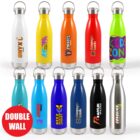 Eleven colorful water bottles with various logos and designs, such as Onyx, Pirates, and Kidz Zone. The bottles have a metal cap and are arranged in two rows. A red circle in the corner reads DOUBLE WALL.