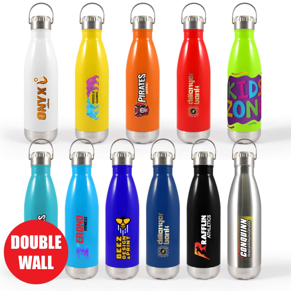 Eleven colorful water bottles with various logos and designs, such as Onyx, Pirates, and Kidz Zone. The bottles have a metal cap and are arranged in two rows. A red circle in the corner reads DOUBLE WALL.