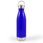 A bright blue stainless steel water bottle with a silver cap and base, featuring a metal carrying loop on top. The bottle is standing upright against a plain white background.