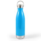 A blue insulated water bottle with a metallic lower section and a silver cap with a carrying handle against a plain white background.