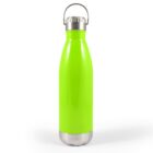 A bright green stainless steel water bottle with a silver cap and base, featuring a carrying handle on the cap, is shown against a white background.