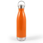 An orange stainless steel water bottle with a silver cap and base, standing upright against a white background.