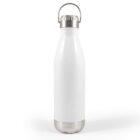 A sleek, white stainless steel water bottle with a silver base and lid. The lid has a small, curved handle for easy carrying. The bottle is standing upright against a plain white background.