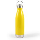 A bright yellow stainless steel water bottle with a silver cap and base. The bottle has a sleek, smooth design with a metal loop handle attached to the cap, positioned against a plain white background.