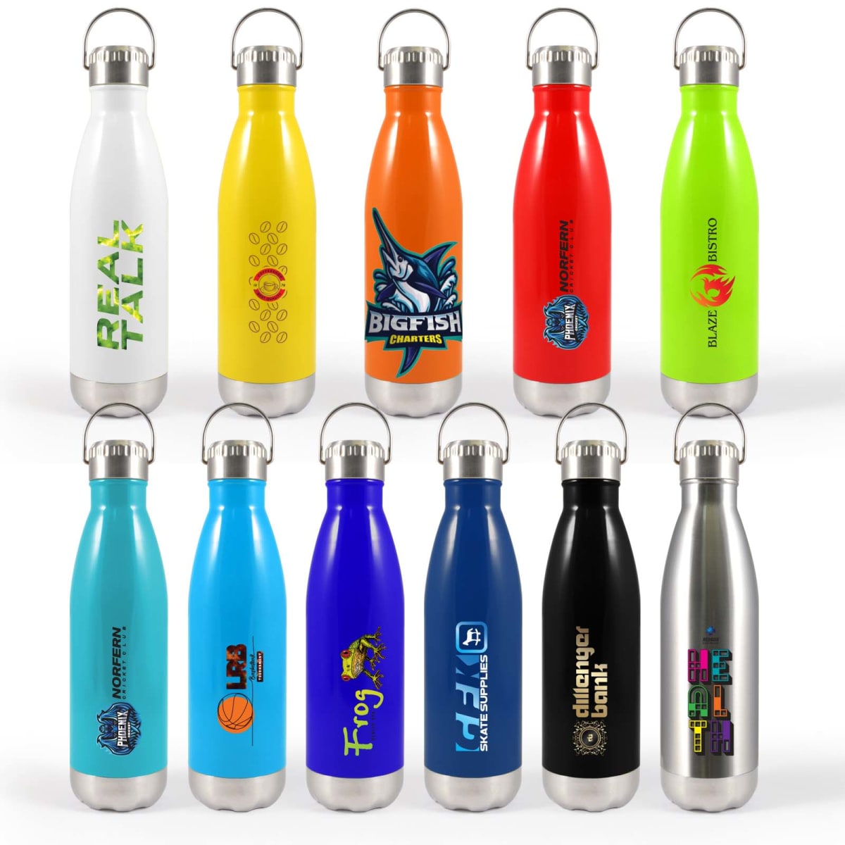 A collection of twelve colorful stainless steel water bottles with various logos and designs, arranged in three rows of four. Each bottle has a silver cap and differs in color, including white, yellow, red, green, teal, and more.