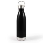 A sleek black stainless steel water bottle with a shiny silver cap and bottom. It has a silver handle on top, designed for portability. The bottle is standing upright against a plain white background.