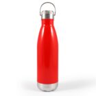 A bright red stainless steel water bottle with a silver bottom and cap, featuring a carry handle on the cap. The bottle is upright on a white background.