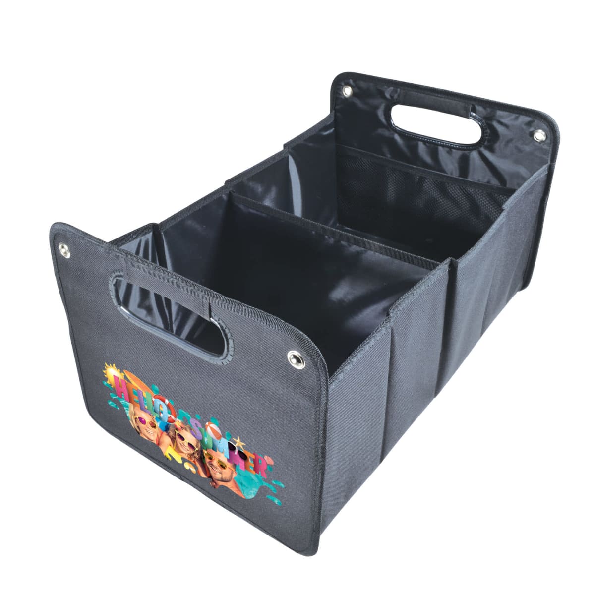 A black, foldable car trunk organizer with three compartments. It has a handle on one side and features colorful graphics of cartoon characters near the base.