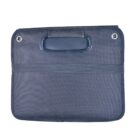 A rectangular black fabric organizer with a built-in handle, two metal grommets at the top corners, and an elastic band across the middle.
