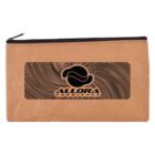 A brown zippered pouch displaying the words Allora Chemicals in black with a circular, swirling design in the background.
