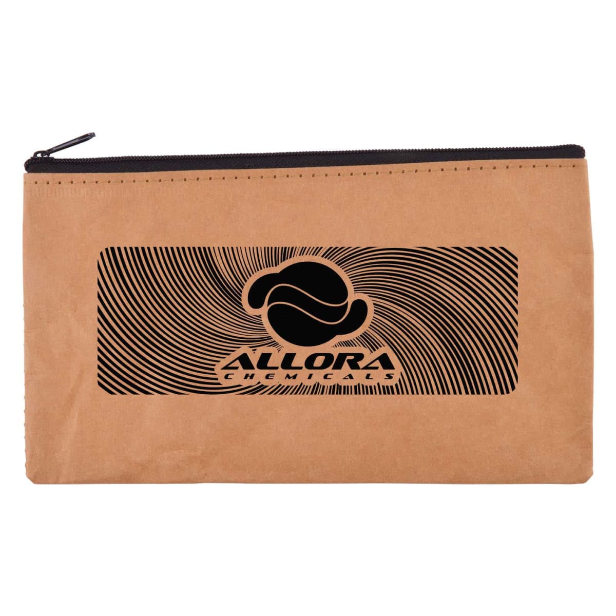 A brown zippered pouch displaying the words Allora Chemicals in black with a circular, swirling design in the background.