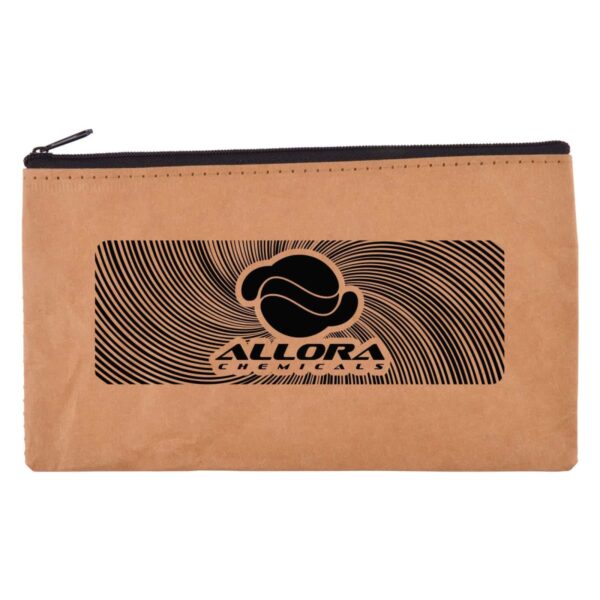 Brown zippered pouch with ALLORA CHEMICALS logo. It features a circular abstract design with a bold black and brown pattern, centered on the pouch.