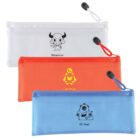 Three pencil cases with different colors and designs. The top one is white with a doodle of a creature and Whatever text. The middle is red with an alien and I gotta go. The bottom is blue with a character and Oh Yeah. Each has a zip closure with a pull cord.