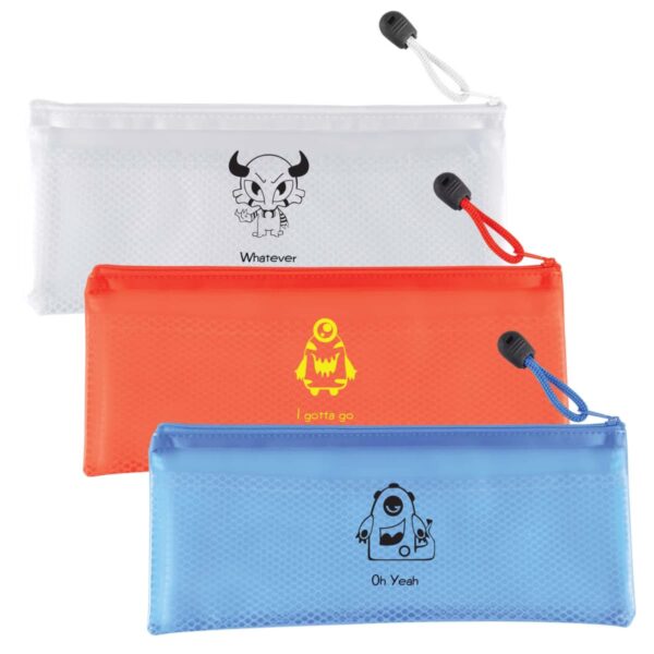 Three pencil cases are stacked. From top to bottom: a white one with a horned cartoon character labeled Whatever, an orange one with a penguin saying I gotta go, and a blue one featuring a one-eyed creature with Oh Yeah.