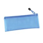 A blue, rectangular mesh pencil case with a zipper. It has a black zipper pull attached to a blue cord loop. The case is semi-transparent and designed for storing stationery items.