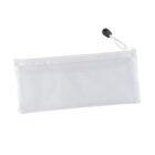 A transparent mesh pencil case with a white zipper runs across the top. A black drawstring with a plastic toggle is attached to one end of the zipper. The case is empty and placed against a plain white background.