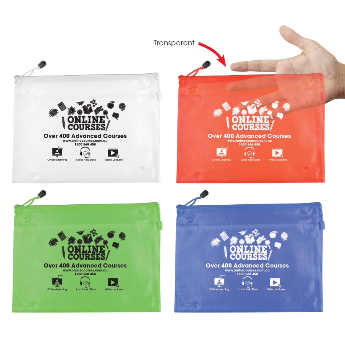 Four transparent zippered pouches in white, red, green, and blue are displayed. Each features the text Online Courses and icons representing various platforms. A hand is shown behind the red pouch, demonstrating its transparency.