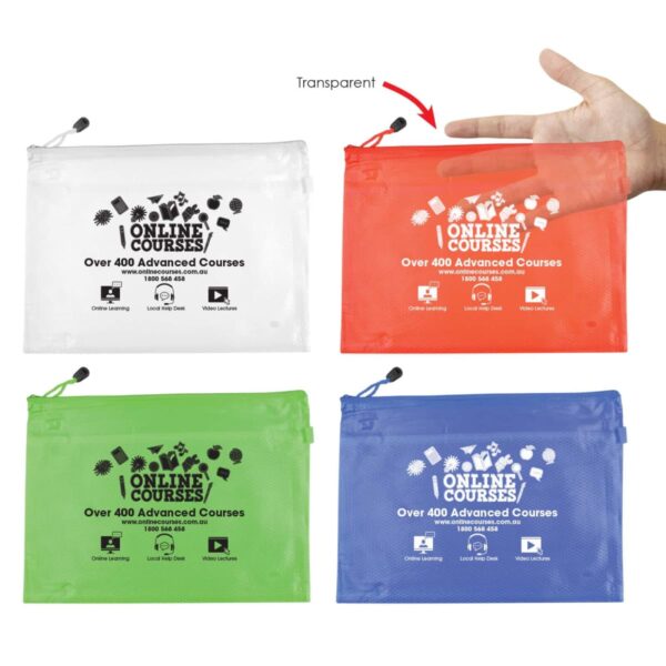 Four zippered pouches are displayed: transparent, red, green, and blue. Each pouch features text indicating Online Courses with icons for computers, tablets, and smartphones, and a hand is holding the transparent one to show its see-through feature.