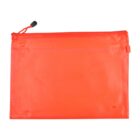 A bright red zipper pouch made of transparent, textured material, with a black zipper pull at the top left corner. The pouch is rectangular and flat, shown against a plain white background.