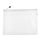 A transparent, rectangular mesh pouch with a white zipper and a small black toggle closure at the top left corner. The pouch has a slightly textured surface and appears empty.