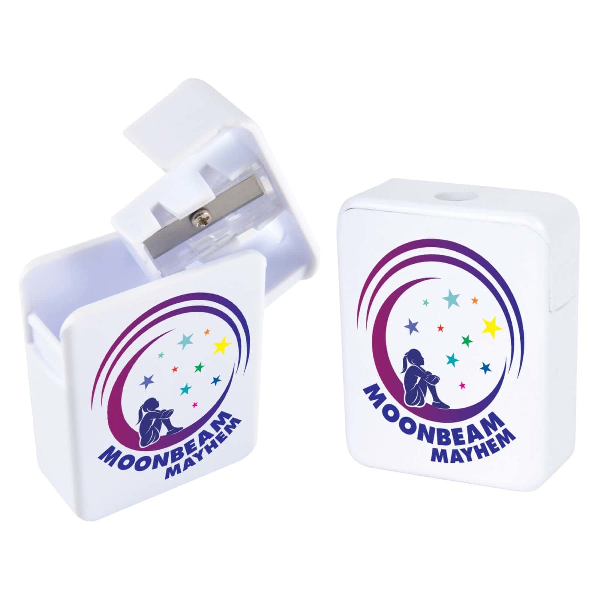 White plastic sharpeners with a logo featuring a silhouetted person and colorful stars inside a partial circle. The text Moonbeam Mayhem is displayed below the logo. One sharpener is open, showing its blade.