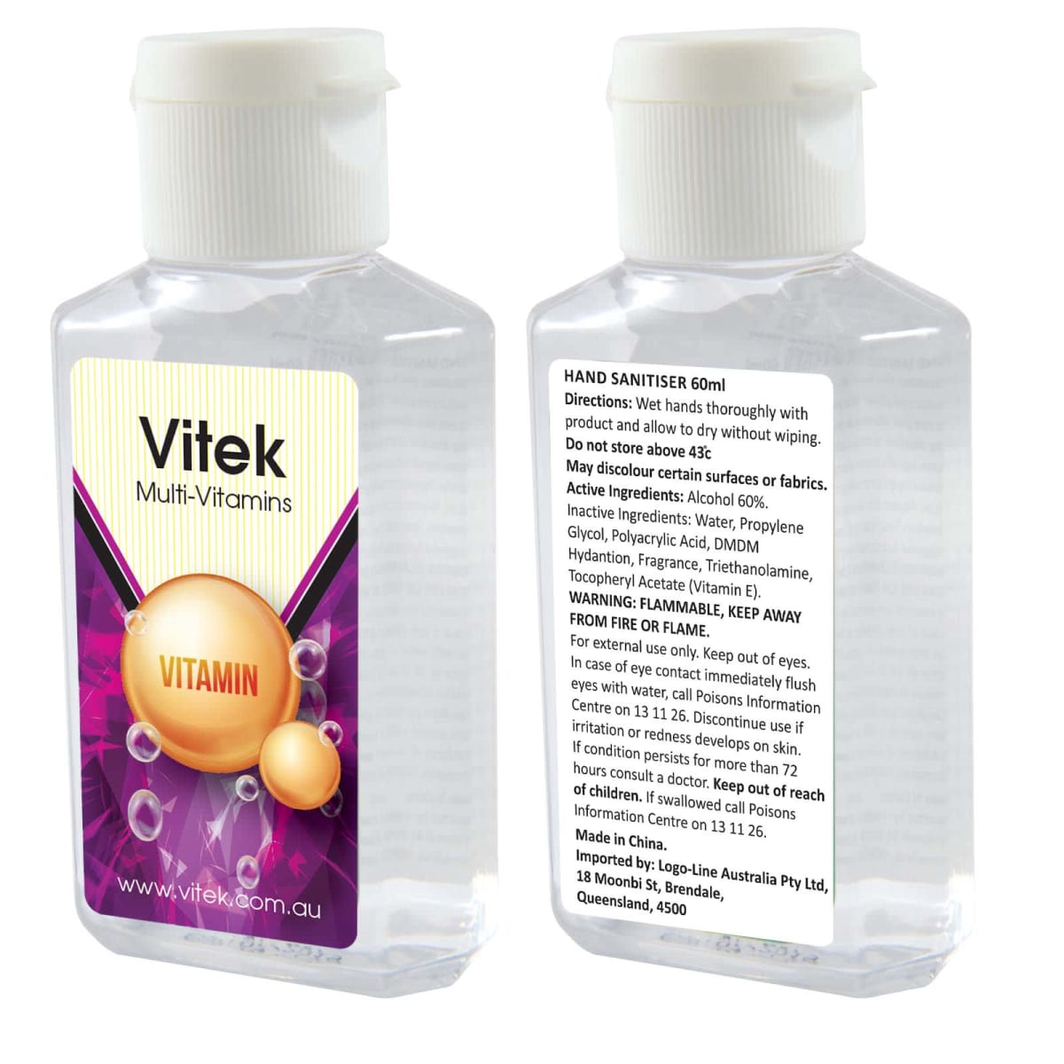 Two bottles of Vitek Multi-Vitamins hand sanitizer, front and back view. Front label shows product name and design; back label includes directions, ingredients, and a flammability warning. Bottles contain 60ml and have flip-top caps.