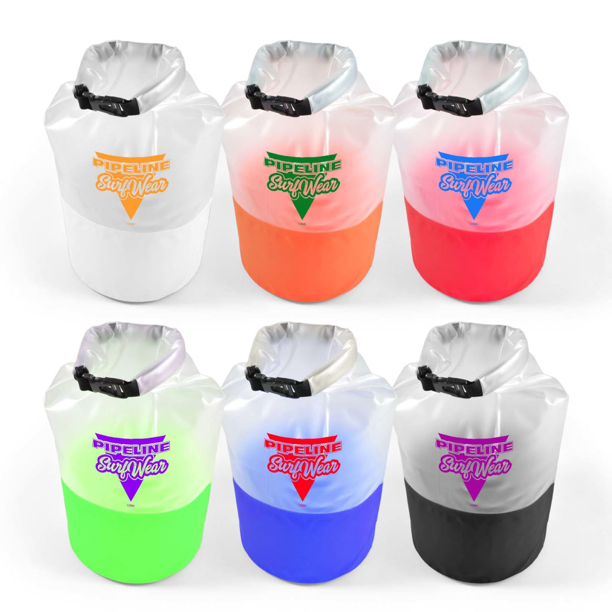 Six colorful waterproof dry bags are arranged in two rows. Each bag has a different color: white, orange, red, green, blue, and black with a visible Pipeline Surf Wear logo on the front.