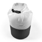 A white and black waterproof dry bag with a roll-top closure and buckle, designed to keep contents dry. The bag is sitting upright on a white background.