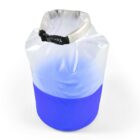 A blue and white waterproof dry bag with a roll-top closure and buckle. The bags top half is translucent, while the bottom half is solid blue. Its tightly sealed, suggesting its designed to keep contents dry during outdoor activities.