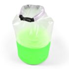 A translucent dry bag with a bright green bottom half. It is rolled at the top and secured with a black buckle, designed to keep contents dry. The bag is set against a plain white background.