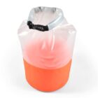 A cylindrical waterproof bag with a translucent upper section and a solid orange lower section. The top is rolled down and secured with a black plastic buckle, forming a handle.