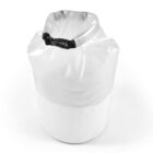 A white cylindrical dry bag with a rolled top secured by a black buckle. The bag is made of waterproof material, designed to keep items inside dry. It sits upright on a plain white background.