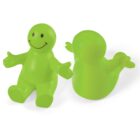 Two small, green, smiling plastic figures with open arms. One is facing forward and sitting upright, while the other is leaning back, showing its back. Both have simple features and appear playful.