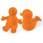 Two small, orange, smiling plastic figures with open arms. One faces forward, while the other is turned backward, showing their rounded bodies and simplistic features. Theyre designed to be playful and cheerful.