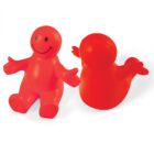 Two red, smiling, human-shaped figures with outstretched arms. One is sitting upright and the other is leaning back. Both have circular heads and simple facial features, creating a playful appearance.