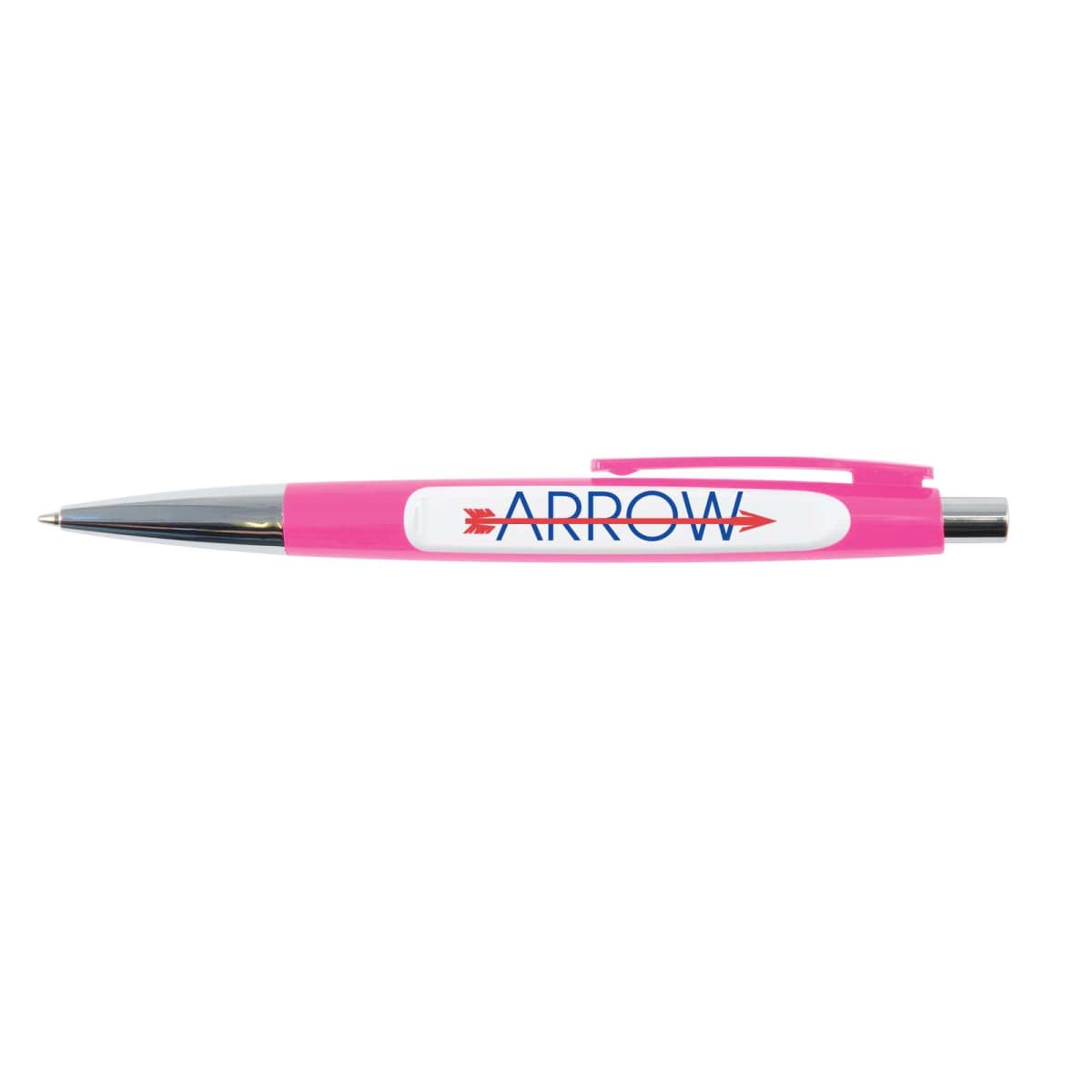 A pink and silver ballpoint pen with a retractable mechanism. The pen has ARROW written in blue and red, with a red arrow graphic.