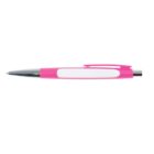A sleek pink and white ballpoint pen with a silver tip and a push-button mechanism, resting horizontally against a white background.