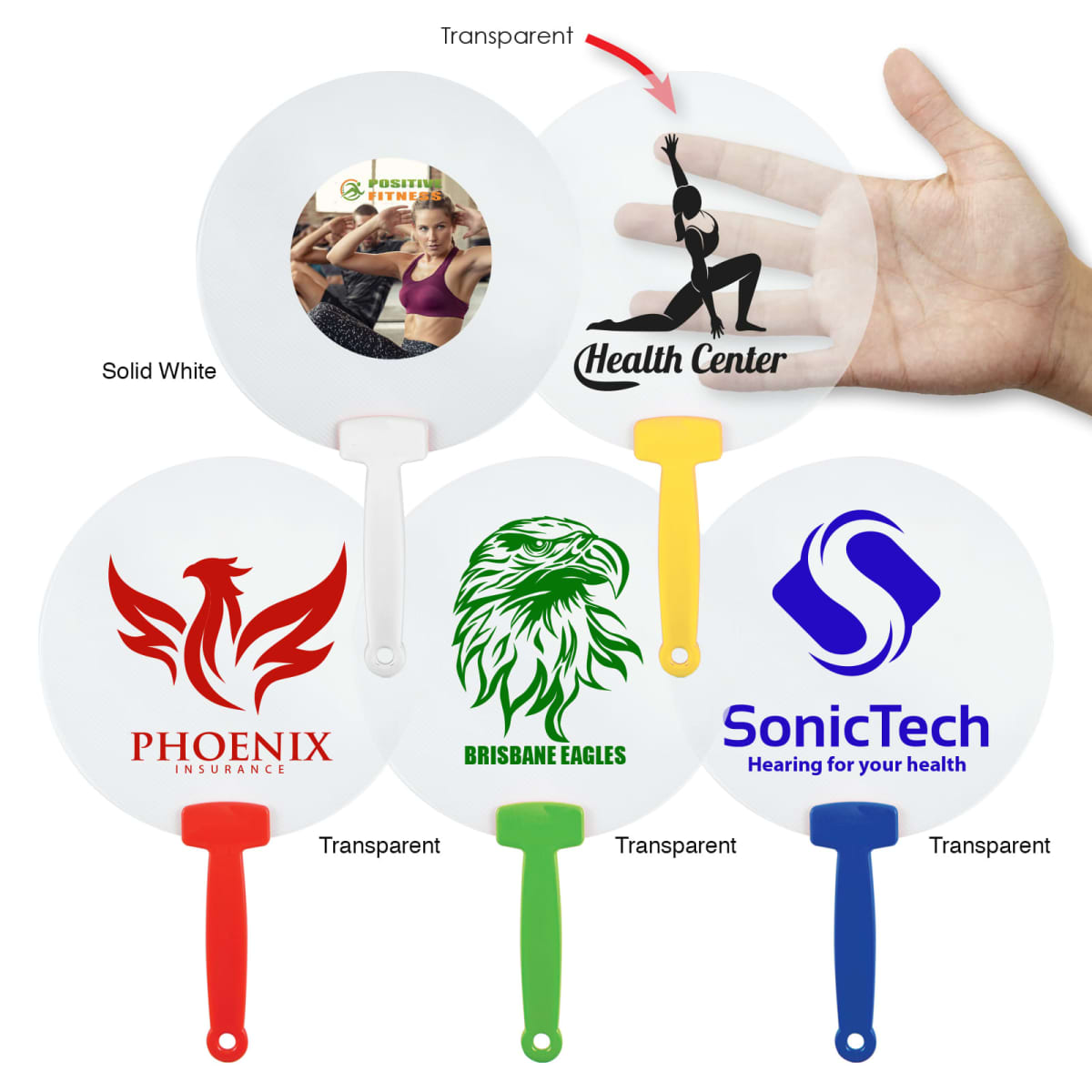 Five circular fans, each with a different logo and colored handle: Health Center with a yoga pose, PHOENIX Insurance with a red phoenix, BRISBANE EAGLES with a green eagle, and SonicTech with a blue logo. Handles in red, yellow, green, blue, and black.