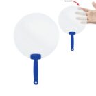 Two transparent fly swatters with blue handles are shown. The smaller one overlaps a hand, demonstrating its transparency. An arrow labeled Transparent points to the smaller swatter.