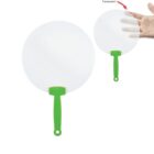 Two round, transparent hand fans with green handles are shown. One fan is held by a hand to demonstrate its transparency, while the other fan is positioned nearby. An arrow points to the more transparent fan.