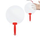 Two transparent fly swatters with red handles are shown. One is larger, placed in front of a hand, demonstrating its transparency. A smaller fly swatter is beside it. A red arrow points to the hand, labeled Transparent.