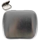 A closed rectangular silver metal tin with a hinged lid. In the top left corner, theres a smaller open view of the tin showing it filled with small, white rectangular mints.
