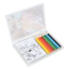 Open plastic case containing colored pencils and a small coloring book. The pencils are red, yellow, green, blue, brown, and black. The coloring book features an illustration of a fox and nature scene.