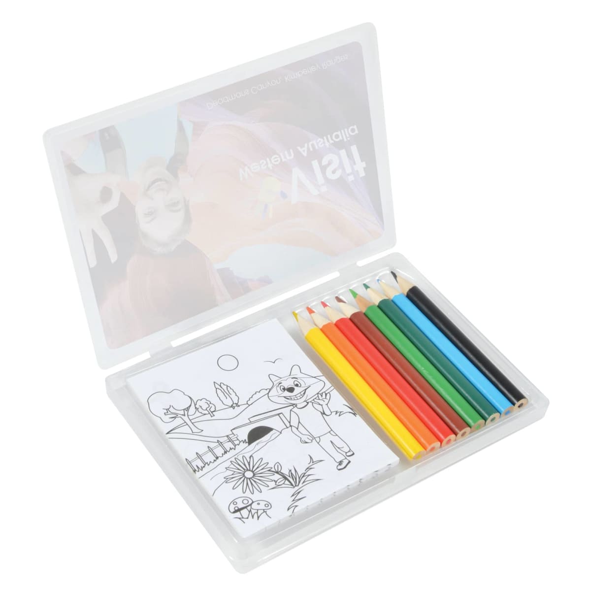 Open plastic case containing colored pencils and a small coloring book. The pencils are red, yellow, green, blue, brown, and black. The coloring book features an illustration of a fox and nature scene.
