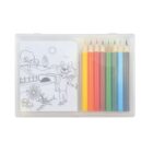 A transparent case containing colored pencils and a small coloring book with a drawing of a cartoon character in a landscape. The colored pencils are in red, orange, yellow, green, blue, and black.